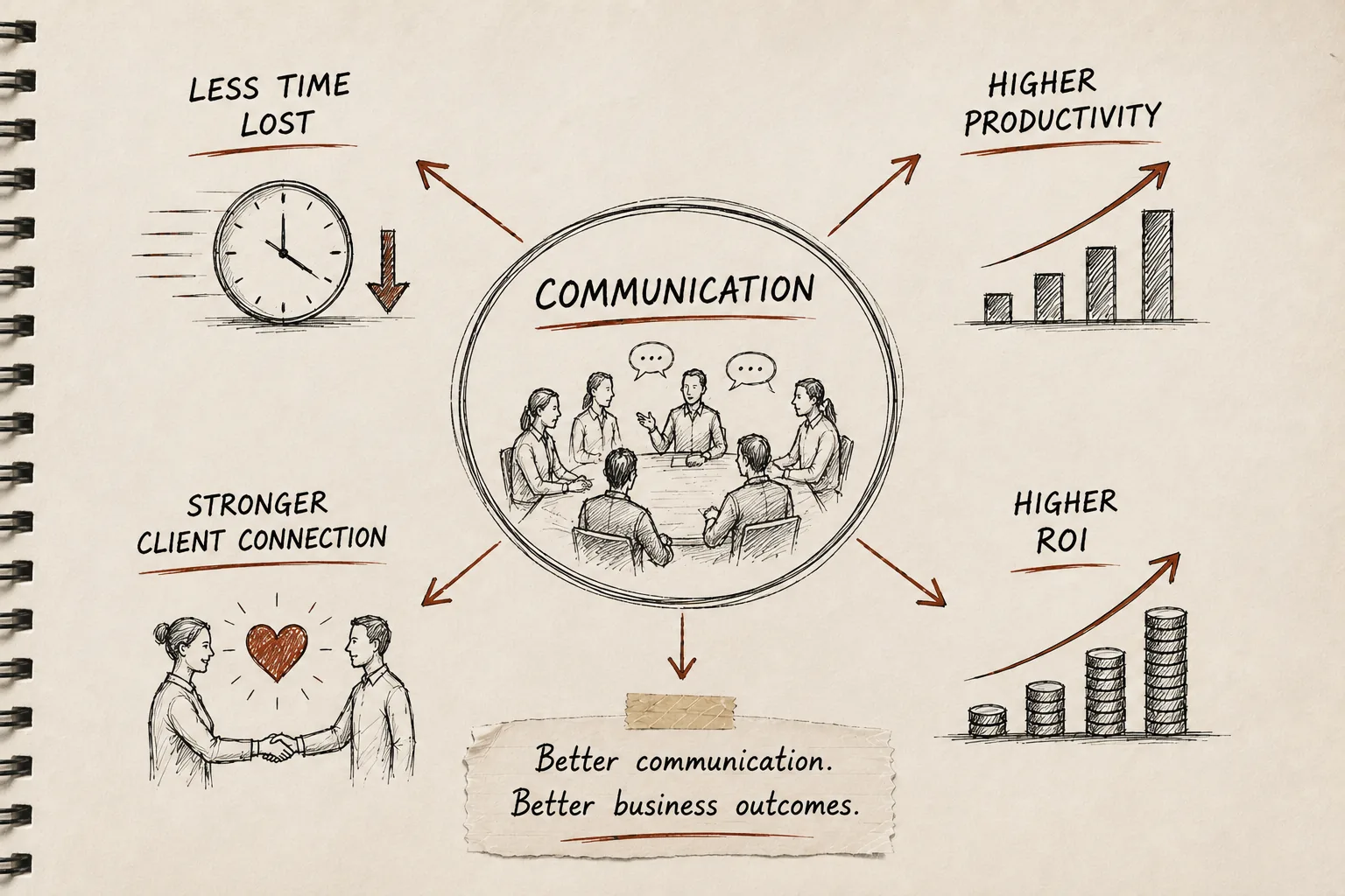 Click to enlarge Editorial notebook diagram — better communication, better business outcomes.