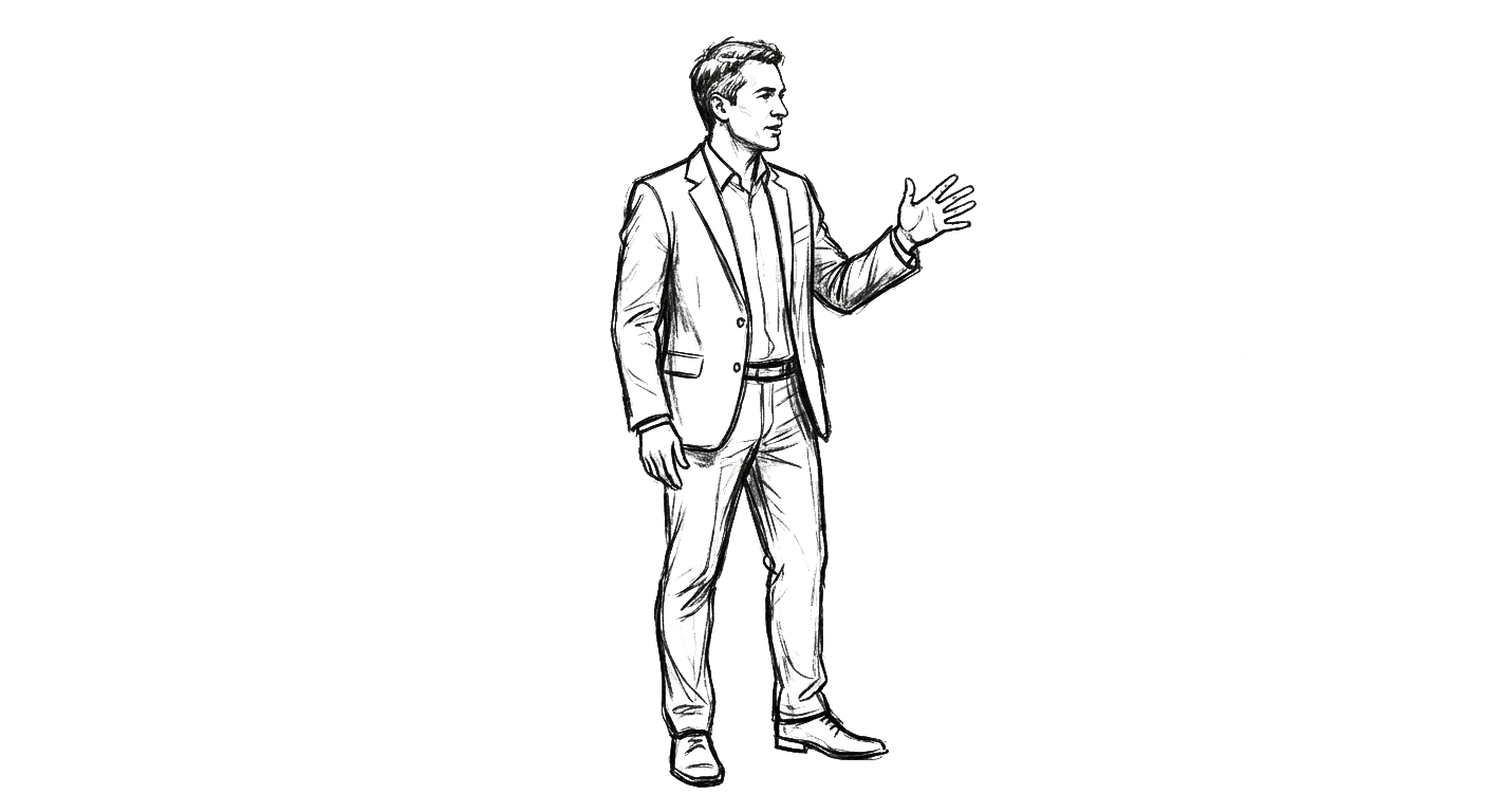 Rehearsal sketch — presenter under a stage light