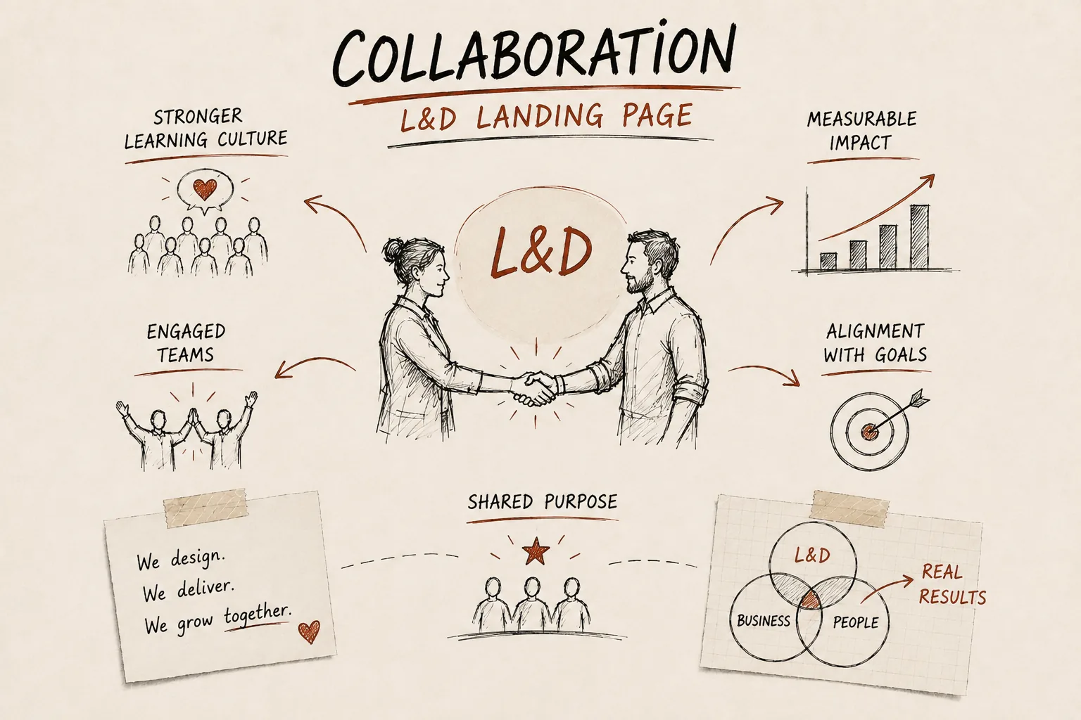 Click to enlarge Editorial notebook sketch — collaborative L&D workshop rehearsal.